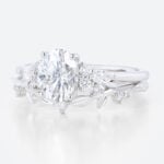 Oval Cut Moissanite Ring Set 1.4ct Botanical-Inspired Bridal Ring with Lab Diamond Side Stones in White Gold
