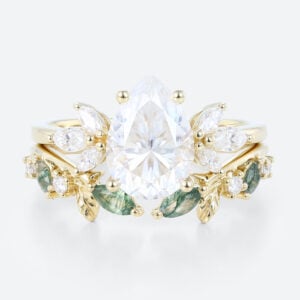 Yellow Gold Pear Moissanite Promise Ring Set 1.7ct Floral Cluster Bridal Ring with Nature Inspired Leaf Ring