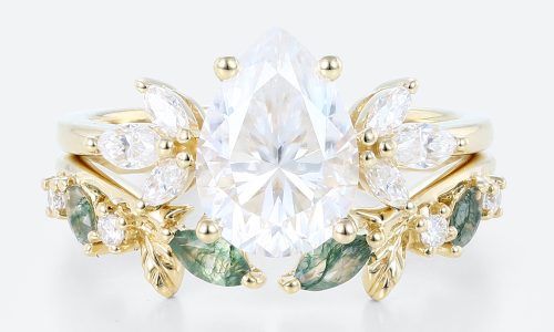 Yellow Gold Pear Moissanite Promise Ring Set 1.7ct Floral Cluster Bridal Ring with Nature Inspired Leaf Ring