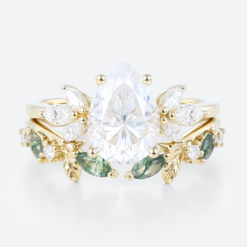 Yellow Gold Pear Moissanite Promise Ring Set 1.7ct Floral Cluster Bridal Ring with Nature Inspired Leaf Ring