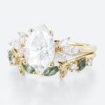 Pear Moissanite Promise Ring Set 1.7ct Floral Cluster Bridal Ring with Nature Inspired Leaf Ring