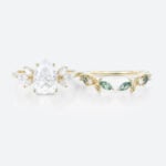 Pear Moissanite Promise Ring Set 1.7ct Floral Cluster Bridal Ring with Nature Inspired Leaf Ring