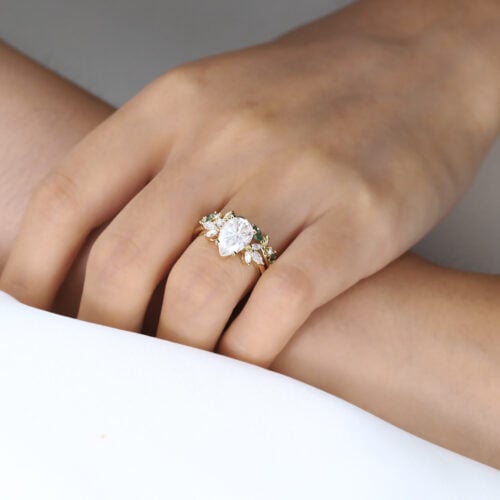 Pear Moissanite Promise Ring Set 1.7ct Floral Cluster Bridal Ring with Nature Inspired Leaf Ring