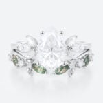 White Gold Pear Moissanite Promise Ring Set 1.7ct Floral Cluster Bridal Ring with Nature Inspired Leaf Ring