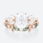 Rose Gold Pear Moissanite Promise Ring Set 1.7ct Floral Cluster Bridal Ring with Nature Inspired Leaf Ring