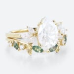 Yellow Gold Pear Moissanite Promise Ring Set 1.7ct Floral Cluster Bridal Ring with Nature Inspired Leaf Ring
