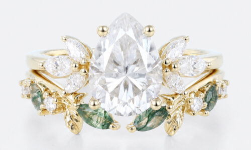 Pear Cut Moissanite Floral Cluster Bridal Ring Set Nature Inspired Leaf Ring (9)