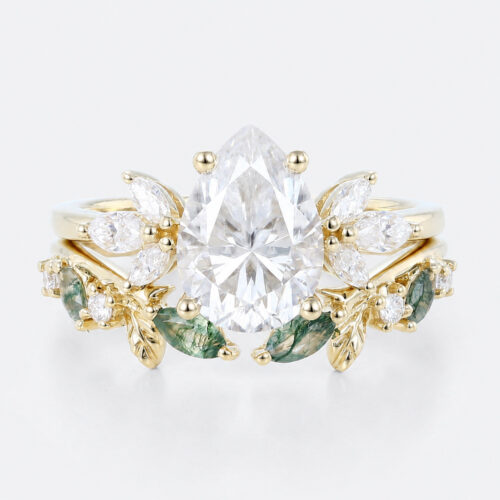 Pear Cut Moissanite Floral Cluster Bridal Ring Set Nature Inspired Leaf Ring in Yellow Gold