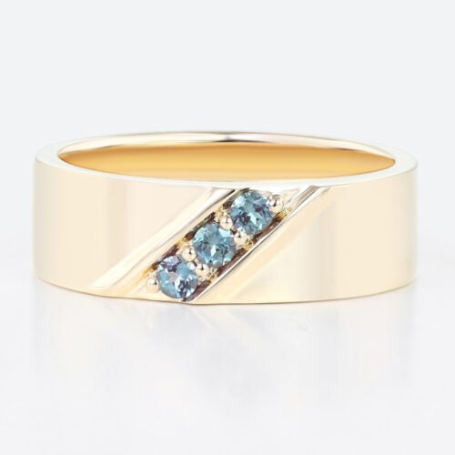 0.15ct Round Cut Lab Alexandrite Rings Streamlined Wide Wedding Band in Yellow Gold