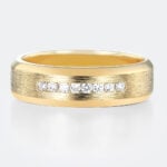 Brushed Gold Wedding Band Round Cut Lab Diamond Sleek Wide Band in Yellow Gold