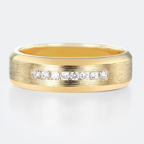 Brushed Gold Wedding Band Round Cut Lab Diamond Sleek Wide Band in Yellow Gold