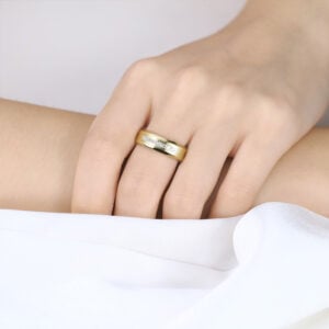 Brushed Gold Wedding Band Round Cut Lab Diamond Sleek Wide Band in Yellow Gold