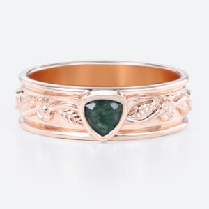 0.3ct Trillion Cut Moss Agate Ring Victorian Style Wide Wedding Band in Rose Gold