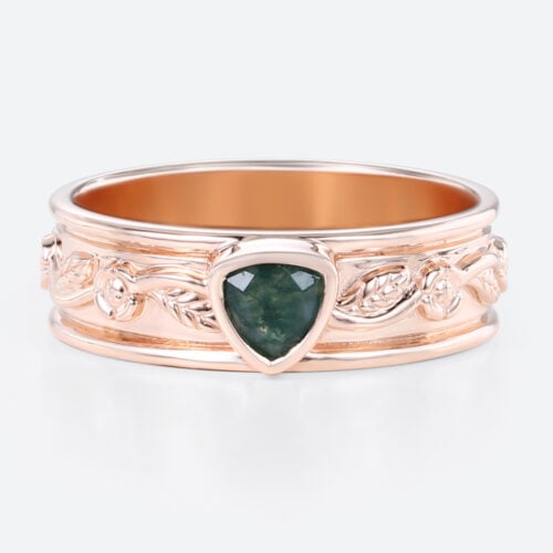 0.3ct Trillion Cut Moss Agate Ring Victorian Style Wide Wedding Band in Rose Gold
