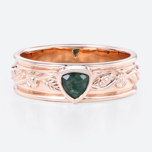 0.3ct Trillion Cut Moss Agate Ring Victorian Style Wide Wedding Band in Rose Gold