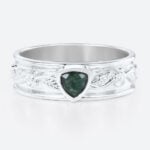 0.3ct Trillion Cut Moss Agate Ring Victorian Style Wide Wedding Band in White Gold