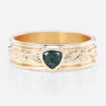 0.3ct Trillion Cut Moss Agate Ring Victorian Style Wide Wedding Band in Yellow Gold