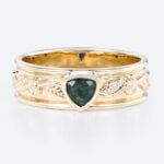 0.3ct Trillion Cut Moss Agate Ring Victorian Style Wide Wedding Band in Yellow Gold