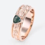 0.3ct Trillion Cut Moss Agate Ring Victorian Style Wide Wedding Band in Rose Gold