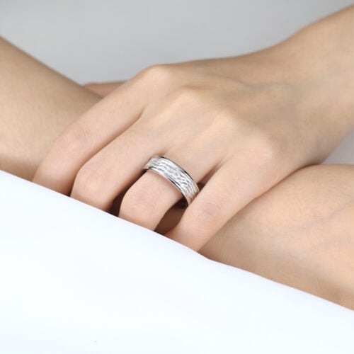 Minimalist Wide Band Engagement Rings with a Unique Textured Finish in White Gold