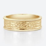 Minimalist Wide Band Engagement Rings with a Unique Textured Finish in Yellow Gold