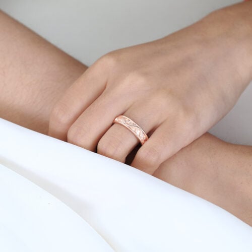 Solid Gold Wedding Band Art Nouveau Vine Wide Stacking Rings in Rose Gold