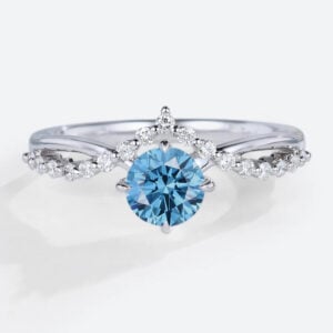 Round Cut Lab Blue Diamond Ring​ 0.5ct Tiara 4 Claw Prong Engagement Ring in White Gold