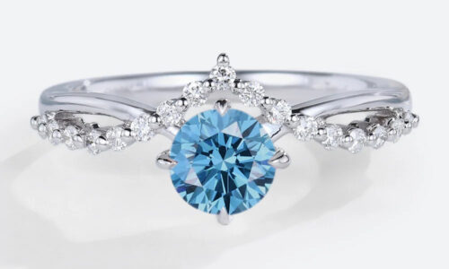 Round Cut Lab Blue Diamond Ring​ 0.5ct Tiara 4 Claw Prong Engagement Ring in White Gold