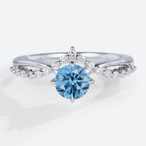 Round Cut Lab Blue Diamond Ring​ 0.5ct Tiara 4 Claw Prong Engagement Ring in White Gold
