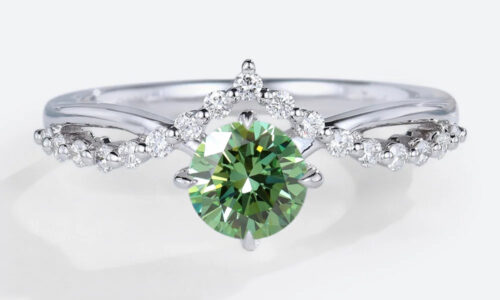 Round Lab Green Diamond Ring​ 0.5ct Chevron 4 Claw Prong Engagement Ring in White Gold