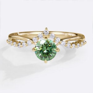 Round Lab Green Diamond Ring​ 0.5ct Chevron 4 Claw Prong Engagement Ring in Yellow Gold