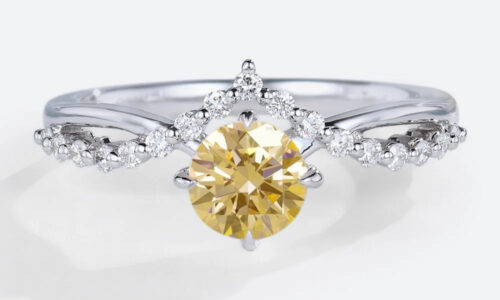 Round Cut Lab Yellow Diamond Ring​ 0.5ct Crown 4 Claw Prong Engagement Ring in White Gold