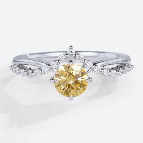 Round Cut Lab Yellow Diamond Ring​ 0.5ct Crown 4 Claw Prong Engagement Ring in White Gold