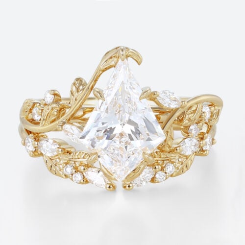 Lab Created Diamond Rings​ Set 1.2ct Kite Cut Lab Diamond Engagement Ring Vine & Leaf Bridal Ring Set