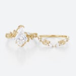 Lab Created Diamond Rings​ Set 1.2ct Kite Cut Lab Diamond Engagement Ring Vine & Leaf Bridal Ring Set in Yellow Gold