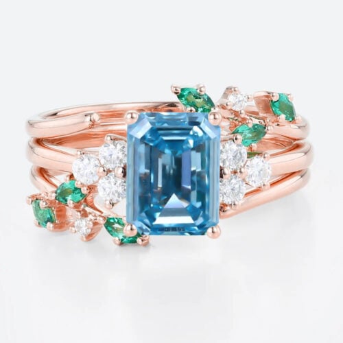 1.5ct Lab Blue Diamond Rings​ Set Emerald Cut Twig Vine 4-Prong Engagement Ring in Rose Gold
