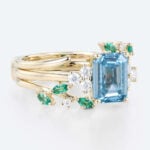 1.5ct Lab Blue Diamond Rings​ Set Emerald Cut Twig Vine 4-Prong Engagement Ring in Yellow Gold