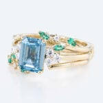 1.5ct Lab Blue Diamond Rings​ Set Emerald Cut Twig Vine 4-Prong Engagement Ring in Yellow Gold