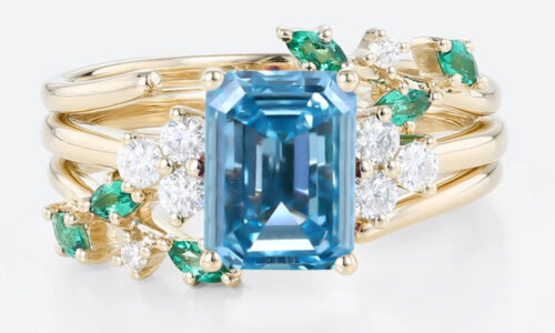 1.5ct Lab Blue Diamond Rings​ Set Emerald Cut Twig Vine 4-Prong Engagement Ring in Yellow Gold