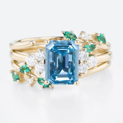 1.5ct Lab Blue Diamond Rings​ Set Emerald Cut Twig Vine 4-Prong Engagement Ring in Yellow Gold