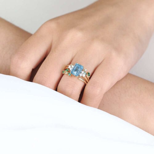 1.5ct Lab Blue Diamond Rings​ Set Emerald Cut Twig Vine 4-Prong Engagement Ring in Yellow Gold