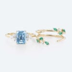 1.5ct Lab Blue Diamond Rings​ Set Emerald Cut Twig Vine 4-Prong Engagement Ring in Yellow Gold