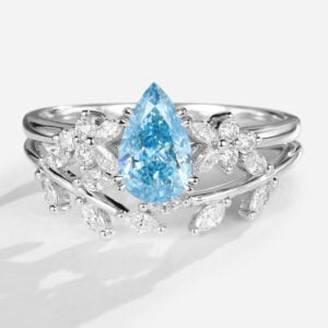 Pear Lab Blue Diamond Ring Set 1.5ct Double Claw Floral Engagement Rings in White Gold