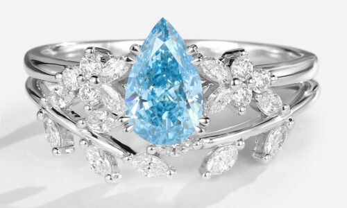 Pear Lab Blue Diamond Ring Set 1.5ct Double Claw Floral Engagement Rings in White Gold