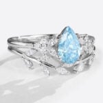 Pear Lab Blue Diamond Ring Set 1.5ct Double Claw Floral Engagement Rings in White Gold