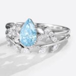 Pear Lab Blue Diamond Ring Set 1.5ct Double Claw Floral Engagement Rings in White Gold