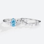 Pear Lab Blue Diamond Ring Set 1.5ct Double Claw Floral Engagement Rings in White Gold