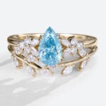 Pear Lab Blue Diamond Ring Set 1.5ct Double Claw Floral Engagement Rings in Yellow Gold