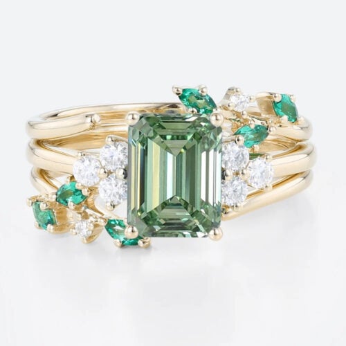 1.5ct Emerald Cut Lab Green Diamond Ring Set Garden-Themed 4-Prong Engagement Ring in Yellow Gold