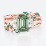 1.5ct Emerald Cut Lab Green Diamond Ring Set Garden-Themed 4-Prong Engagement Ring in Rose Gold